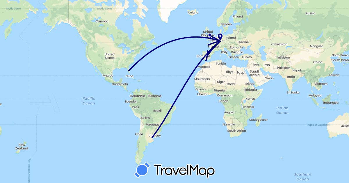TravelMap itinerary: driving in Argentina, Germany, Spain, France, United Kingdom, Gibraltar, United States (Europe, North America, South America)